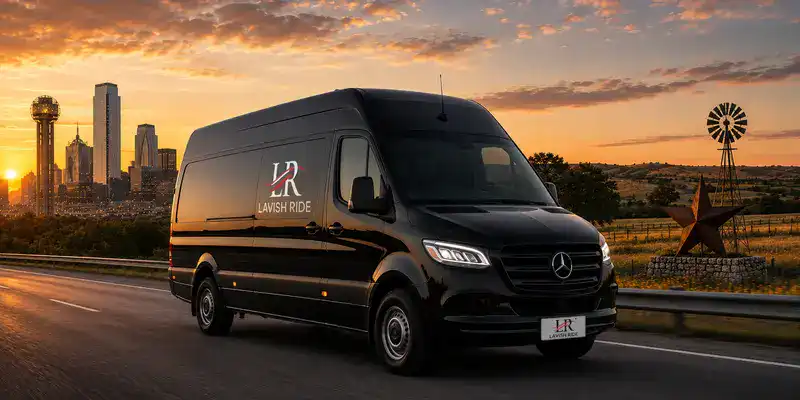 Luxury Mercedes-Benz Sprinter van providing private transportation across Texas with the official Lavish Ride logo and scenic highway views.